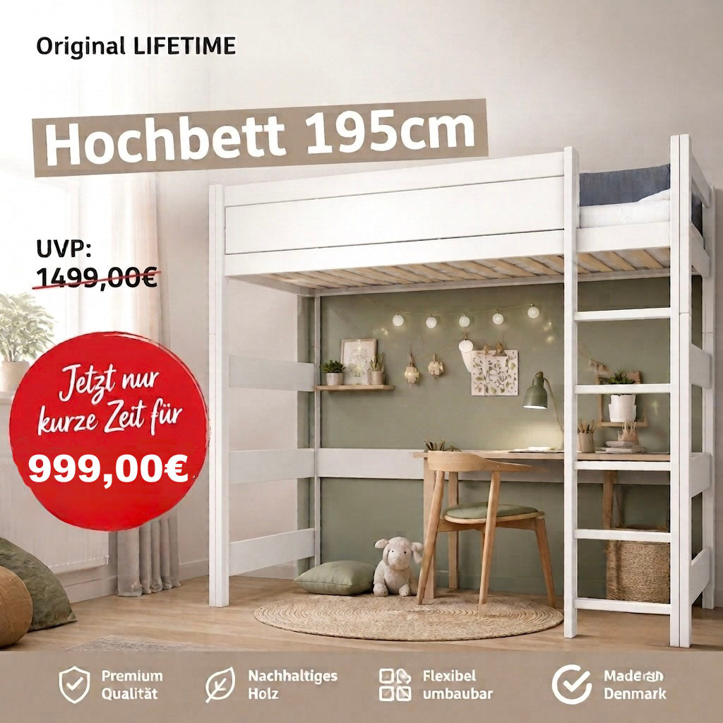 Sofalux Hochbett 195cm für Matratzen 90x200cm