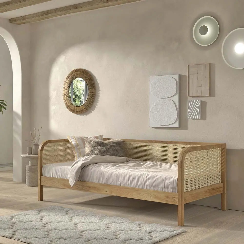 Sofabett, Massivholz + Rattan, 90x200cm, inkl. Lattenrost